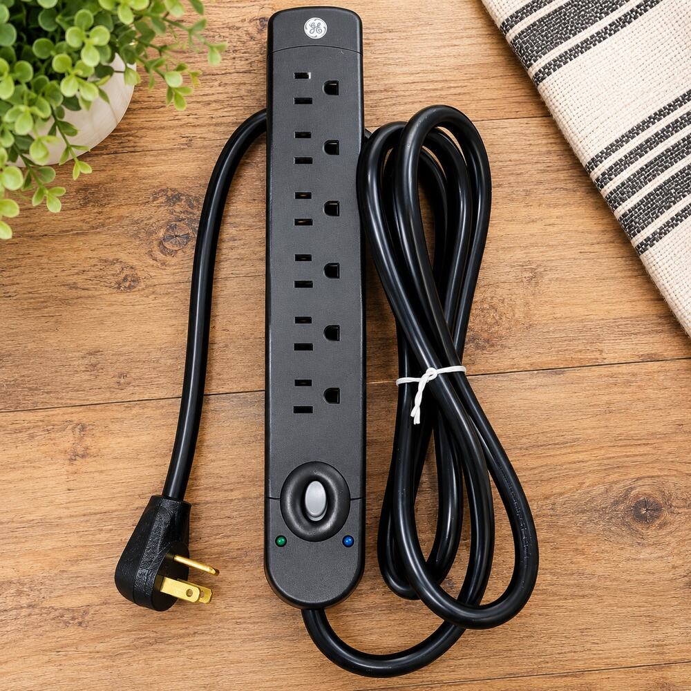 GE 6-Outlet Surge Protector Power Strip with Long Cord & Indicator Lights Black